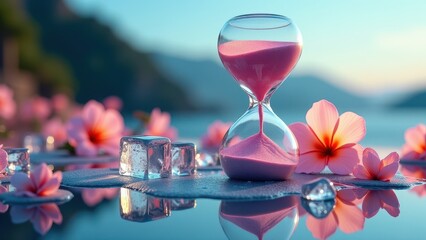 Hourglass with pink sand and melting ice cubes on reflective water with flowers and mountains	