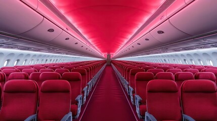 Fototapeta premium Empty Airplane Cabin with Red Seats and Red Lighting