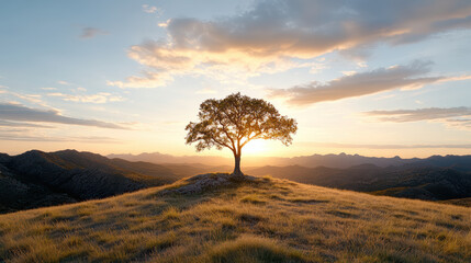 lone tree standing tall on grassy hill, silhouetted against sunset