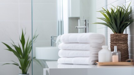 Serene bathroom arrangement featuring towels, plants and essential objects