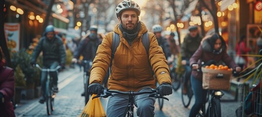 Man in Warm Clothing Riding Bike on City Street. Urban Commuting, Sustainable Transportation