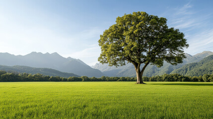 Fototapeta premium majestic oak tree stands alone in vibrant green field, surrounded by mountains