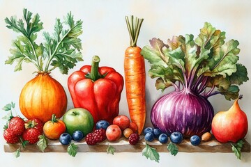 Vibrant Watercolor Illustration of Pumpkins Carrot Beet Apple Radish and Olives Fresh Fruits and Vegetables