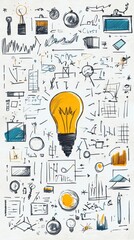 Central yellow lightbulb surrounded by numerous doodles and conceptual sketches