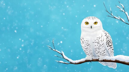 Majestic Snowy Owl Perched on Snow-Covered Branch in Winter Background
