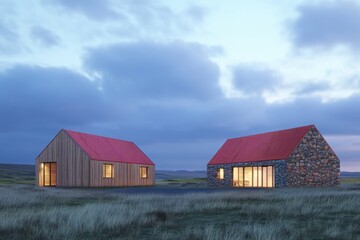 Obraz premium Modern architecture meets nature in a tranquil landscape showcasing wooden and stone houses at dusk in a serene grassy field