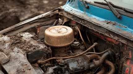 Fototapeta premium A car engine with a radiator cap removed and a coolant jug positioned above.