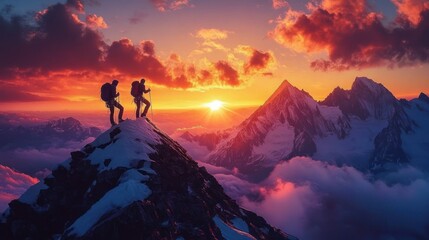 Climbers at Sunset Overlooking Majestic Mountain Peaks and Vibrant Skies
