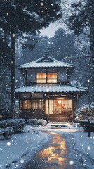 Cozy japanese wooden house in gentle winter snowfall at night