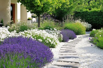 Obraz premium A lively garden pathway adorned with stunning lavender and delicate white flowers basks under the warm embrace of bright sunlight in a peaceful landscape, creating a truly serene scene