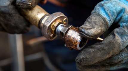 A close-up of a corroded hose fitting being removed with a wrench.