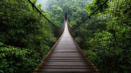 Obraz premium misty rainforest with hanging bridge surrounded by lush greenery