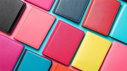 Fototapeta premium Colorful leather bound notebooks are arranged on a vibrant background