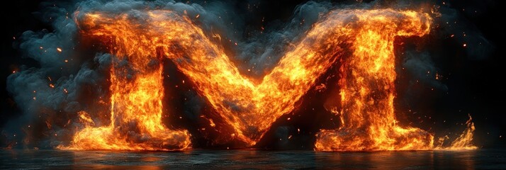 Fiery Letter M in Flames with Surreal Dynamic Composition and Swirling Smoke in High Contrast Lighting