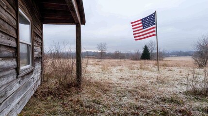 Rustic cabin with American flag over a field