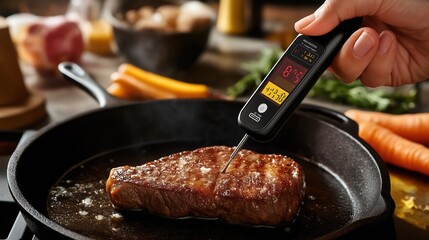 Chef checking the heat of meat by using digital meat thermometer