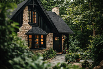 A charming stone cottage, gently tucked away among towering trees in a tranquil forest landscape, exudes warmth as soft lights flicker from its windows at dusk