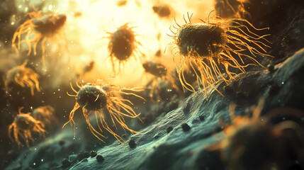 Airborne bacterial microorganisms, a microscopic view of invisible health risks and the importance of hygiene. Invisible Beings. Illustration