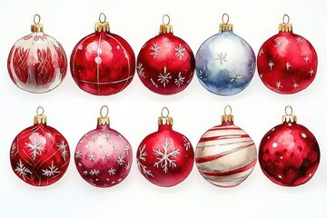Red Christmas Ornaments Watercolor Illustration Bright Red and White Baubles Festive Holiday Decorations