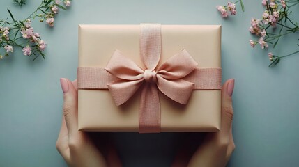 Top View of Beautifully Wrapped Gift Box with Ribbon in Soft Pastel Colors for Celebration and Holidays
