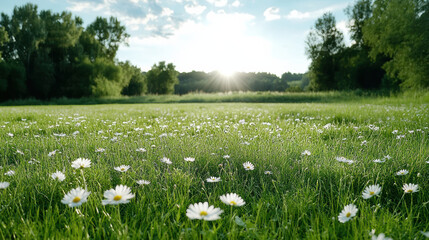 serene countryside scene with soft green grass and blooming daisies