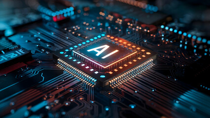 Obraz premium Close-up photo of a futuristic AI chip with glowing lights on a circuit board in a modern tech environment