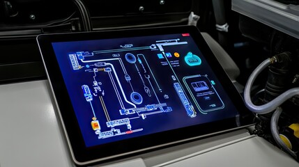 Fototapeta premium A cooling system diagram on a tablet next to a radiator install project.