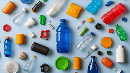 Assortment of colorful plastic waste scattered across a light blue surface