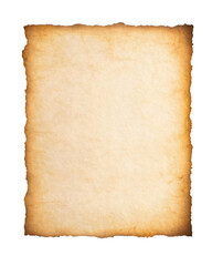 Aged vintage parchment paper texture with a worn and weathered look, featuring rough edges and a warm, golden tone. Isolated on transparent background, png