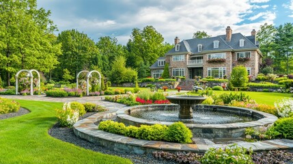 A sprawling garden estate with fountains, arched trellises, and seasonal blooms. 