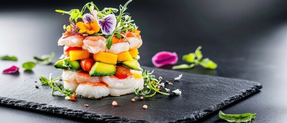 Fresh Layered Seafood Stack with Colorful Vegetables and Flowers