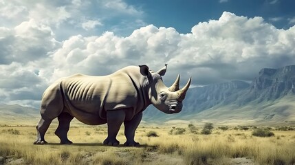 Fototapeta premium A majestic rhinoceros standing proudly in the African savannah, surrounded by vast landscapes of mountains and clouds. The photorealistic, hyperrealistic image captures the grandeur
