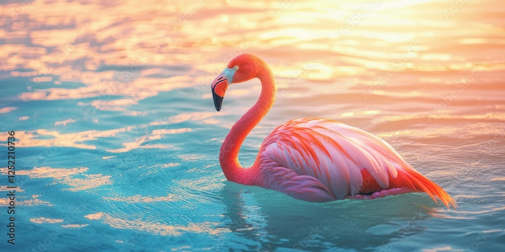 Poster A sunset view of a flamingo float in a serene pool, with soft golden reflections. 