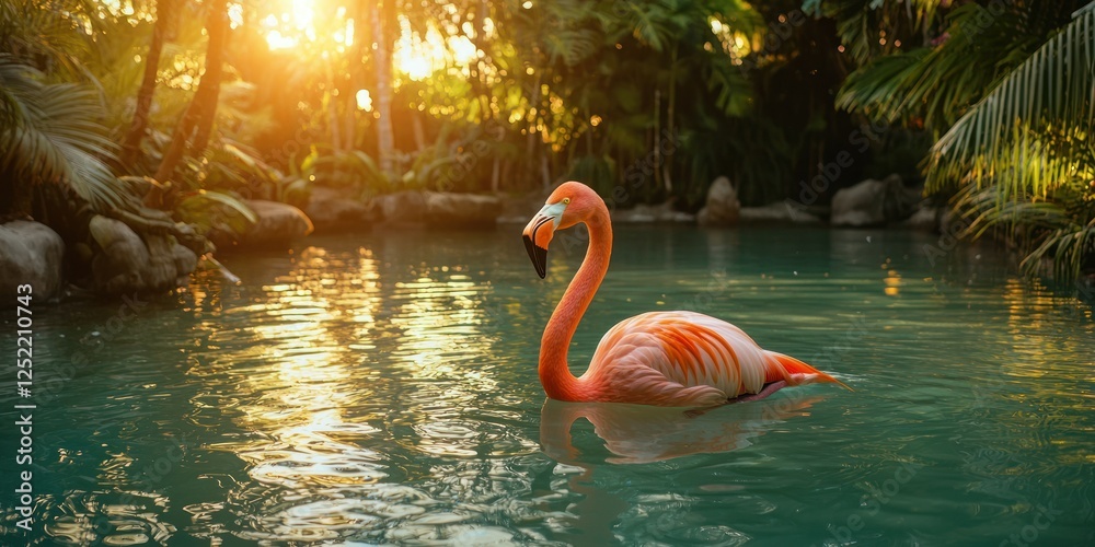 Aufkleber a sunset view of a flamingo float in a serene pool, with soft golden reflections.