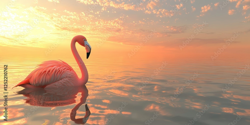Poster A sunset view of a flamingo float in a serene pool, with soft golden reflections. 