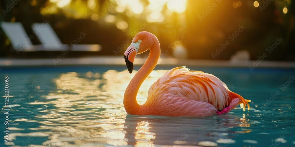Aufkleber a sunset view of a flamingo float in a serene pool, with soft golden reflections.