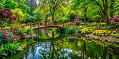 Lush greenery and vibrant flowers in a serene garden setting surrounded by tall trees and a tranquil pond with a small wooden bridge, greenery, serenity