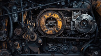 Fototapeta premium A detailed view of a cracked and frayed fan belt in an automobile engine.