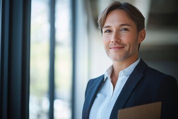 Young Businesswoman Holding Laptop in Backlit Office with Natural Light Looking Up at Future Opportunities