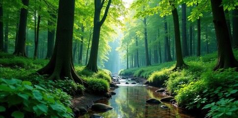 Obraz premium Dense forest of tall trees and undergrowth near river source, greenery, understory