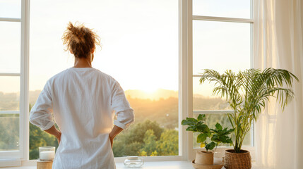person enjoying peaceful morning view through window with sunlight