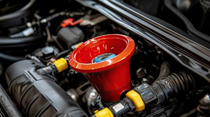 Fototapeta premium A funnel attached to a radiator cap as fresh coolant is poured in.