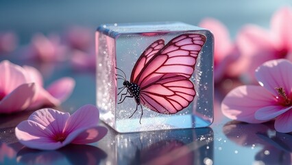 Monarch butterfly frozen inside a melting ice cube on snowy ground at sunset	