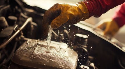 A hand carefully pouring coolant into a radiator overflow tank.