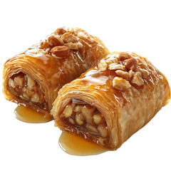 Nut-stuffed baklava rolls with honey drizzle, rich Ramadan dessert, isolated on transparent background, png