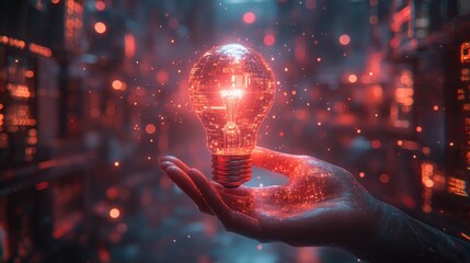 Hand Holding Glowing Light Bulb with Digital Data Visualizations in Cyberpunk Style for Idea Creation and Business Strategy