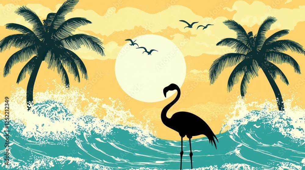 Poster a tropical beach scene featuring a flamingo silhouette against a backdrop of palm trees and waves.