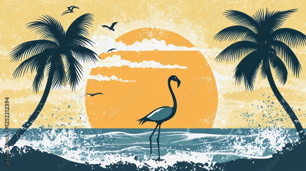 Poster a tropical beach scene featuring a flamingo silhouette against a backdrop of palm trees and waves.