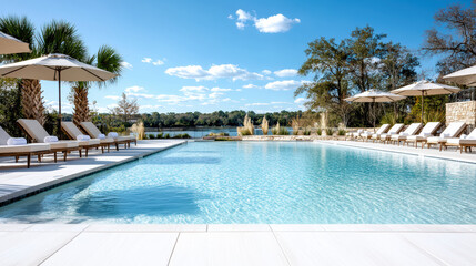 Fototapeta premium scenic view of pool with beach chairs and umbrellas under clear sky