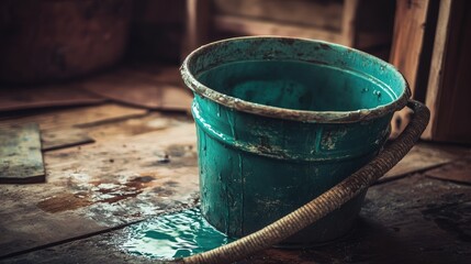 Fototapeta premium A leaking inlet hose dripping water into a bucket during removal.